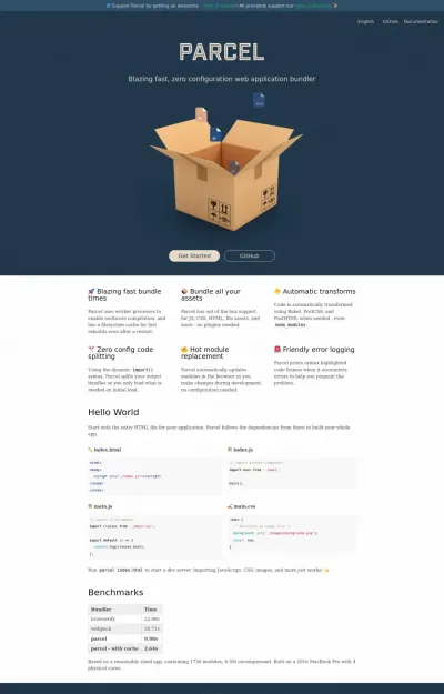 Screenshto of simlle nice website design of parceljs.org websit